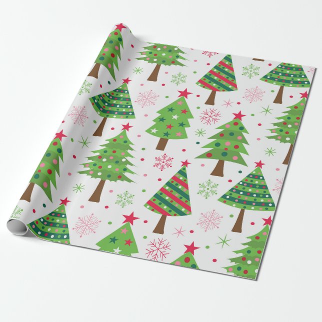 Decorative Festive Green Christmas Trees Pattern  Wrapping Paper (Unrolled)