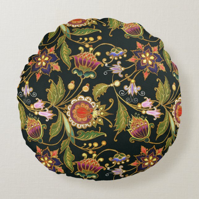 Decorative Floral: Acrylic Golden Purple. Round Pillow (Front)