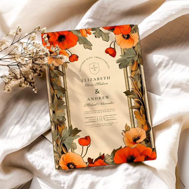 Decorative Floral Art Nouveau Poppy Wedding Invitation (Creator Uploaded)