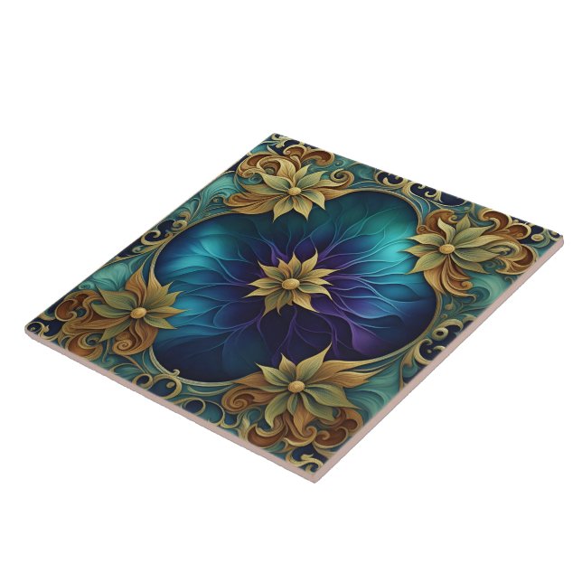 Decorative Floral Design With Turquoise Background Tile (Side)