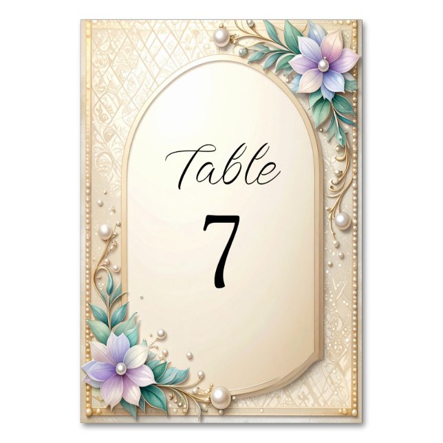 Decorative Floral Frame with Pearls Table Number (Front)