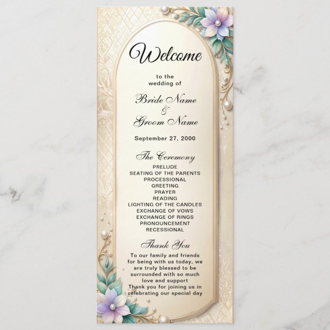 Decorative Floral Frame with Pearls Wedding  Program (Front)