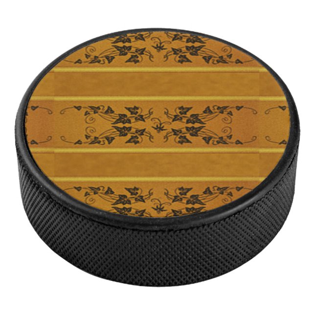 Decorative floral gold stripe border brown hockey puck (3/4)