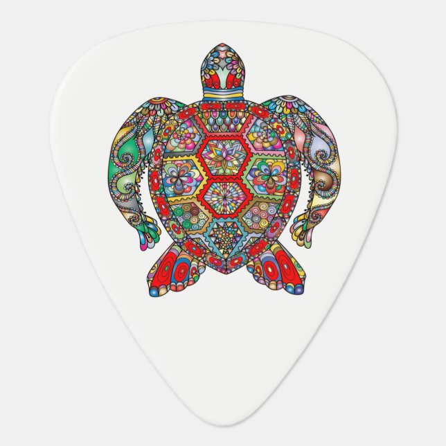 Decorative floral ornamental sea turtle line art guitar pick (Front)