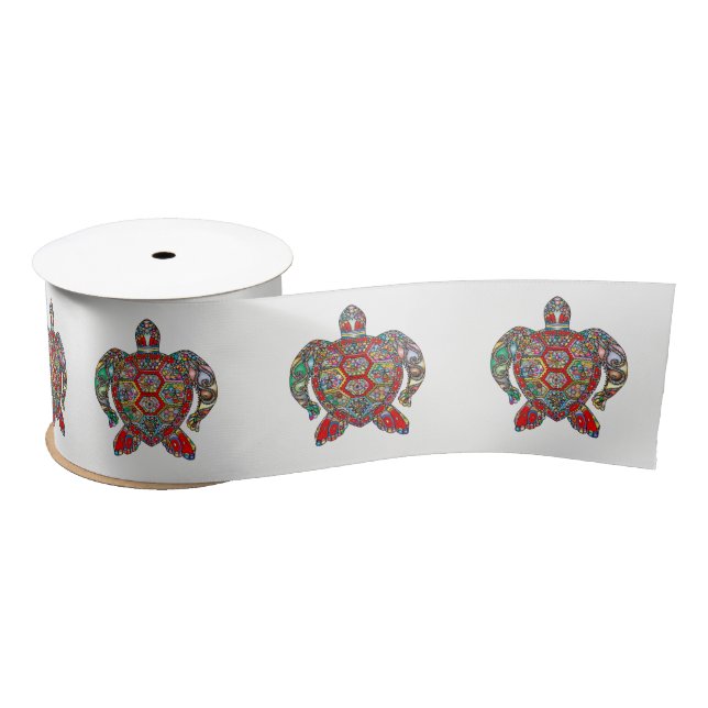 Decorative floral ornamental sea turtle line art satin ribbon (Spool)