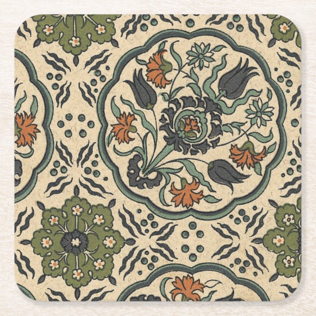 Decorative Floral Persian Tile Design Square Paper Coaster (Front)