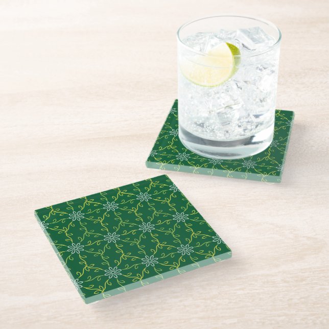 Decorative Floral Seamless Pattern Glass Coaster (Angled)
