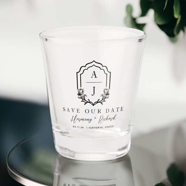 Decorative Floral Wedding Monogram Save the Date Shot Glass (Decorative Floral Wedding Monogram Save the Date Shot Glass)