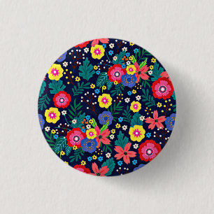 Decorative Flowers Leaves Black Background 1 Inch Round Button