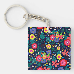 Decorative Flowers Leaves Black Background Keychain