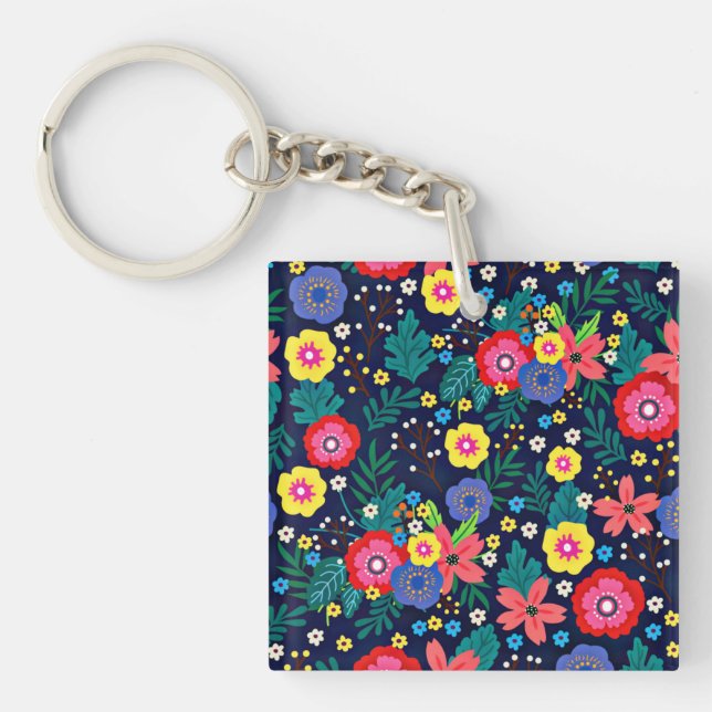 Decorative Flowers Leaves Black Background Keychain (Front)