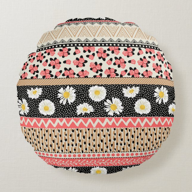 Decorative Flowers: Patchwork Tile Pattern Round Pillow (Front)