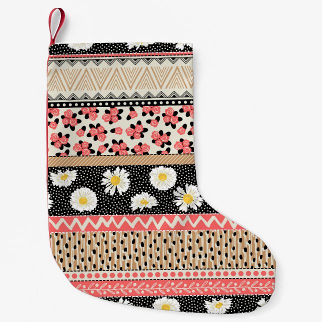 Decorative Flowers: Patchwork Tile Pattern Small Christmas Stocking (Front)