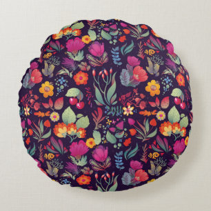 Decorative Flowers: Seamless Vintage Doodle Round Pillow