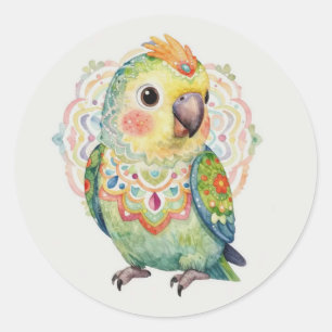 Decorative Folk‑Art Parrot Illustration  Classic Round Sticker