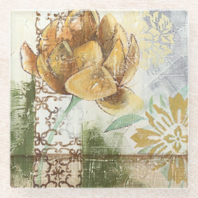 Decorative Fresco Design with Globe Flower Glass Coaster (Front)