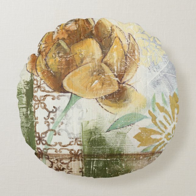 Decorative Fresco Design with Globe Flower Round Pillow (Front)