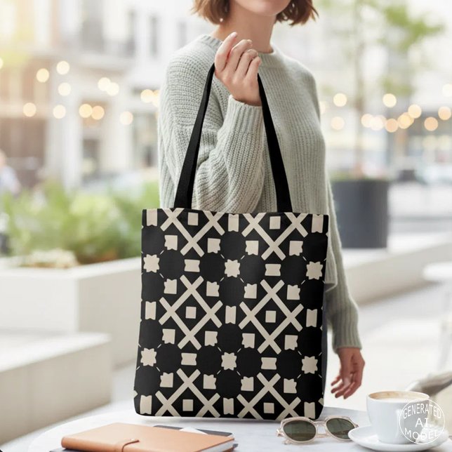 Decorative Geometric Black and Beige Pattern Chic Tote Bag (Creator Uploaded)