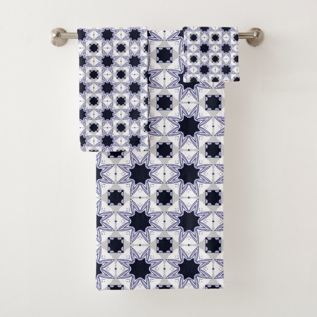Decorative geometric patterned baby blue star bath towel set (Insitu)