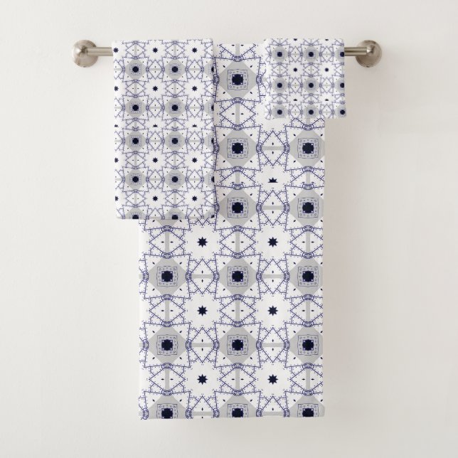 Decorative geometric patterned on white background bath towel set (Insitu)