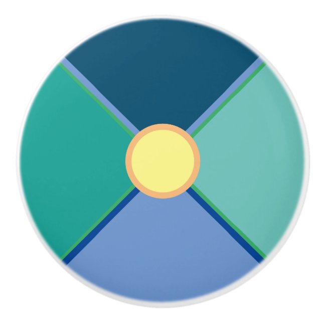 Decorative geometric teal green, citrus & blues ceramic knob (Front)