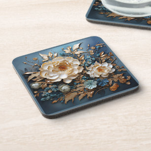 Decorative gold and teal blue floral design coaster