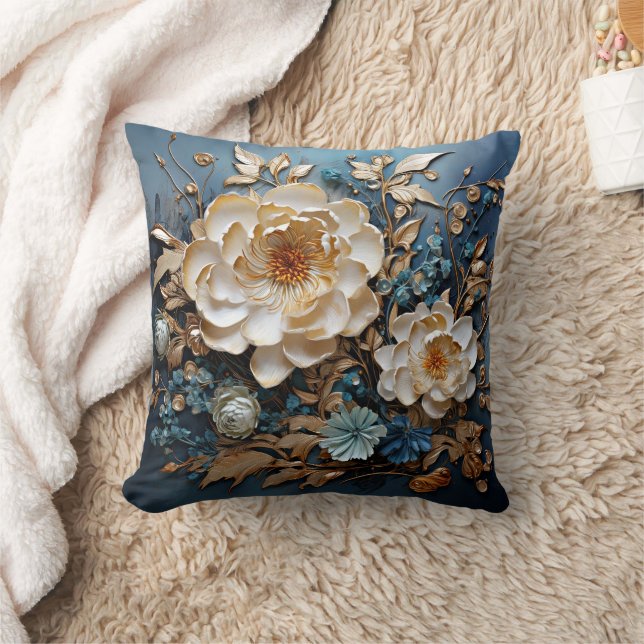 Decorative gold and teal blue floral design throw pillow (Blanket)