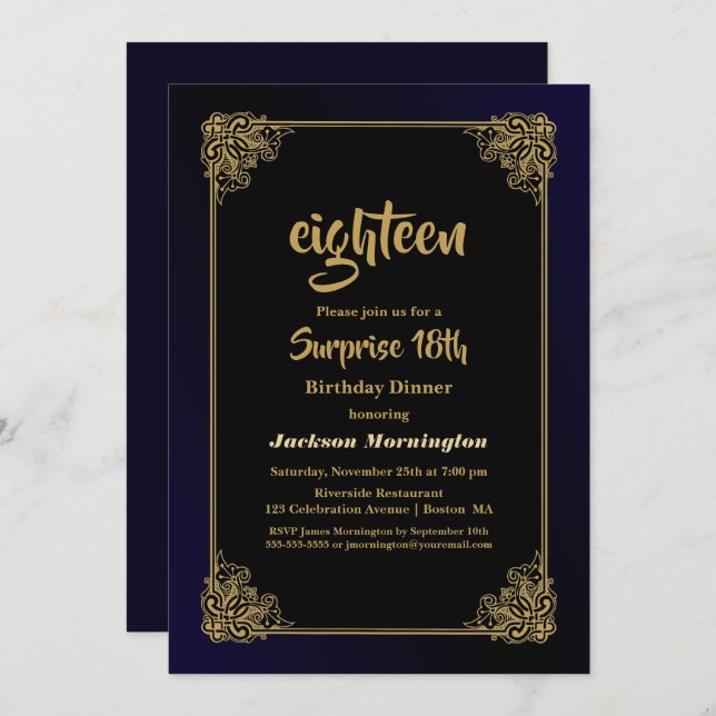 Decorative Gold Blue Surprise 18th Birthday Dinner Invitation (Front/Back)