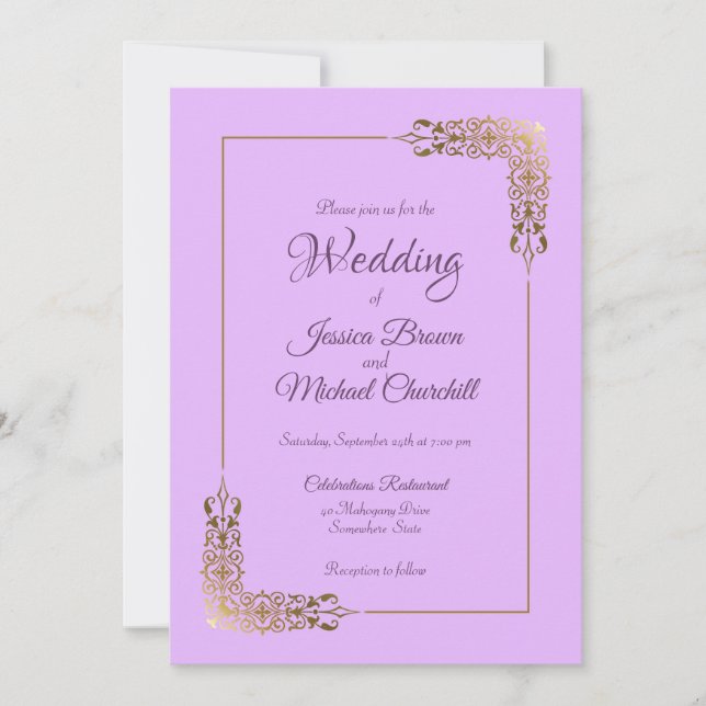 Decorative Gold Border Lavender Wedding Invitation (Front)