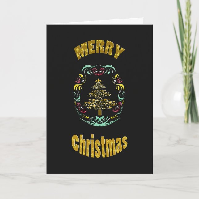 Decorative Gold Fleur de Lys Tree Merry Christmas Holiday Card (Front)