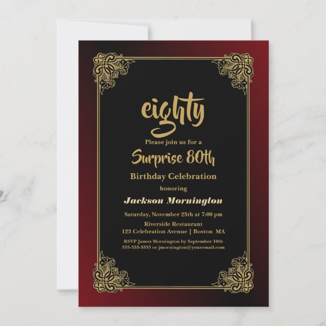 Decorative Gold Red Border Surprise 80th Birthday Invitation (Front)