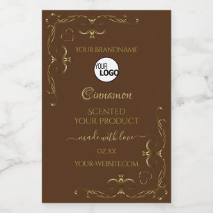 Decorative Gold Scrollwork Corners on Brown Logo Food Label