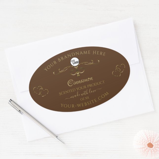 Decorative Gold Scrollwork Hearts on Brown Logo Oval Sticker (Envelope)