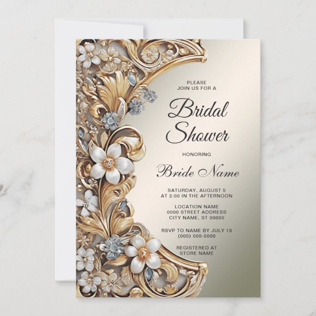 Decorative Gold White Floral Bridal Shower Invitation (Front)
