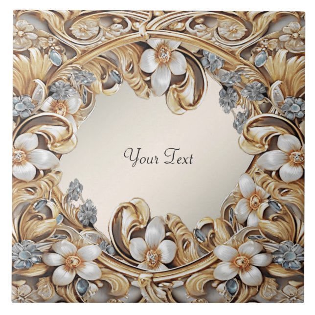 Decorative Gold White Floral Ceramic Tile (Front)