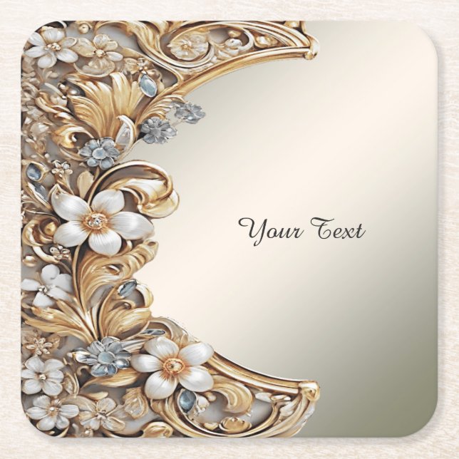 Decorative Gold White Floral Paper Coaster (Front)