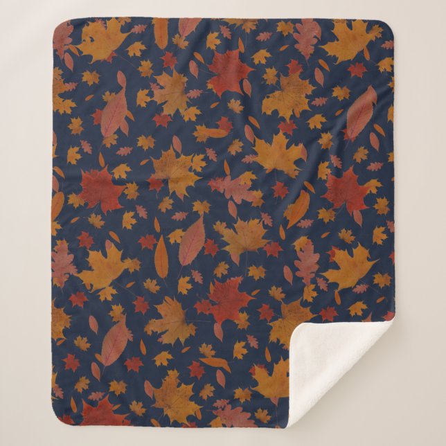 Decorative Golden Autumn Leaves on Custom Blue Sherpa Blanket (Front)