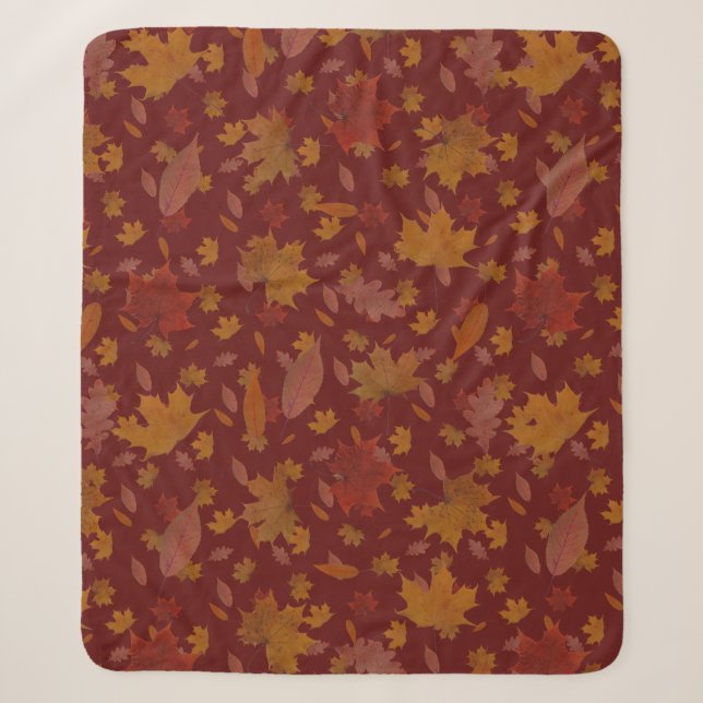 Decorative Golden Autumn Leaves on Custom Dark Red Sherpa Blanket (Front)