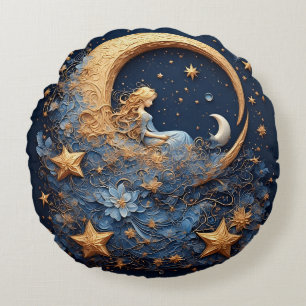 Decorative Golden Crescent Moon Round Pillow