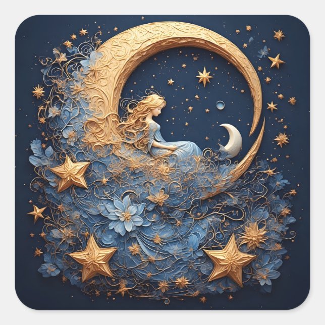 Decorative Golden Crescent Moon Square Sticker (Front)