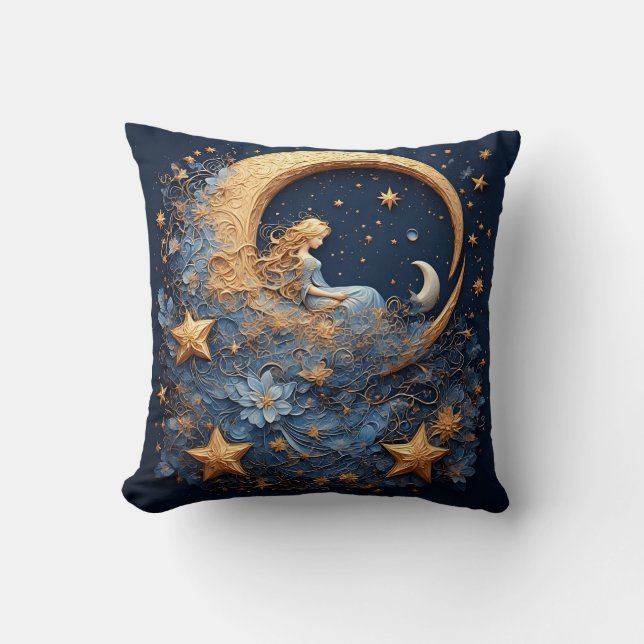Decorative Golden Crescent Moon Throw Pillow (Front)