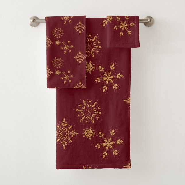 Decorative Golden Snowflakes Christmas Pattern Bath Towel Set (Insitu)