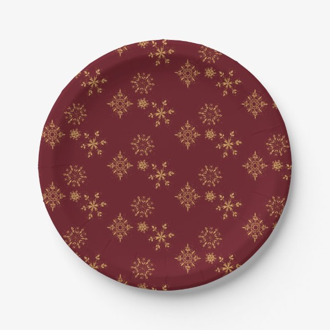 Decorative Golden Snowflakes Christmas Pattern Paper Plate (Front)