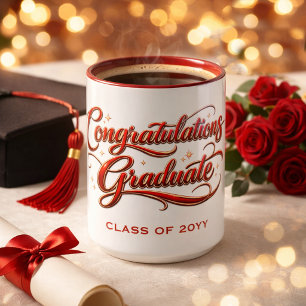 Decorative Graduation Typography in Gold and Red Mug