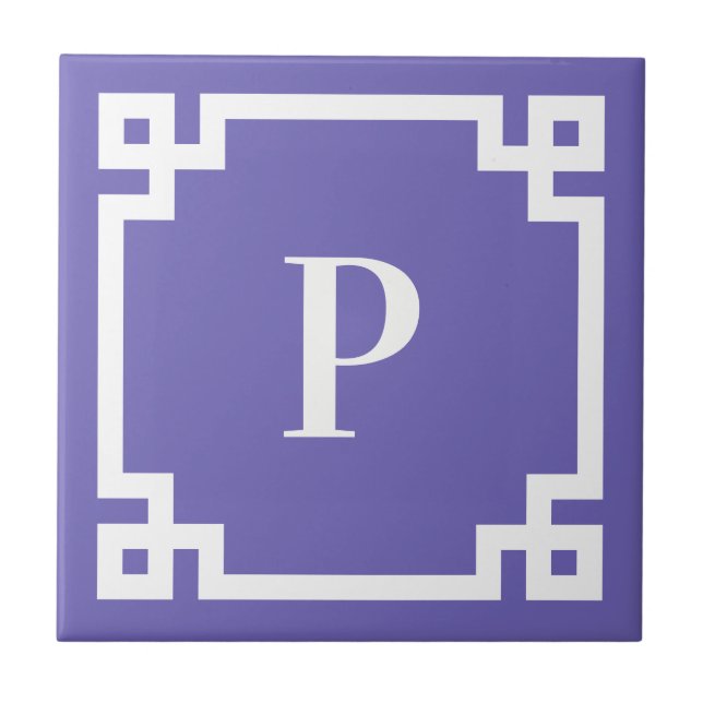 Decorative Greek Key Border Monogram Periwinkle Tile (Front)