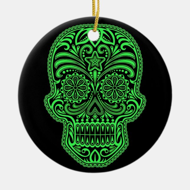 Decorative Green and Black Sugar Skull Ceramic Ornament (Front)