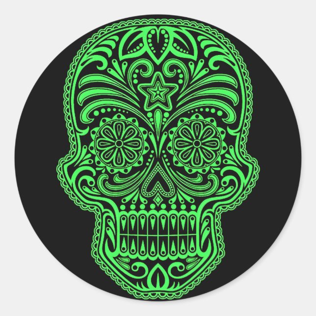 Decorative Green and Black Sugar Skull Classic Round Sticker (Front)