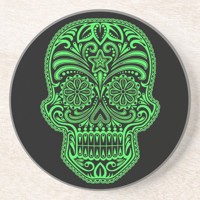 Decorative Green and Black Sugar Skull Coaster (Front)