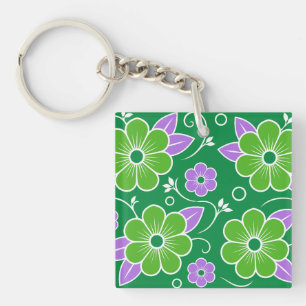 Decorative Green and Purple Floral Pattern Keychain