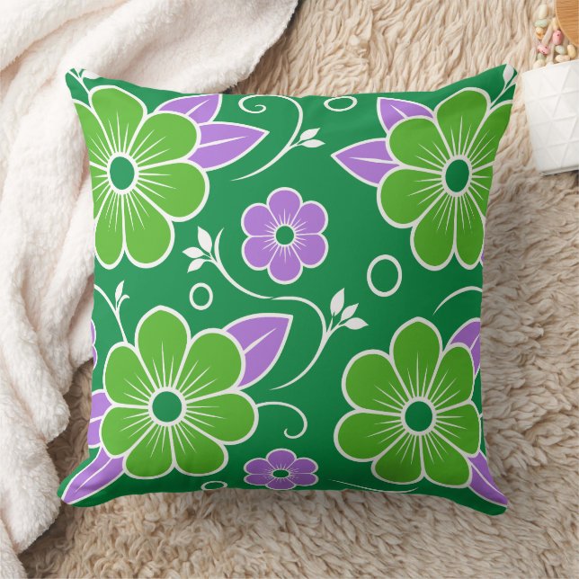 Decorative Green and Purple Floral Pattern Throw Pillow (Blanket)